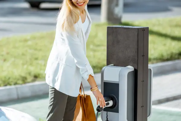 Blonde haired woman EV charging in UK car park